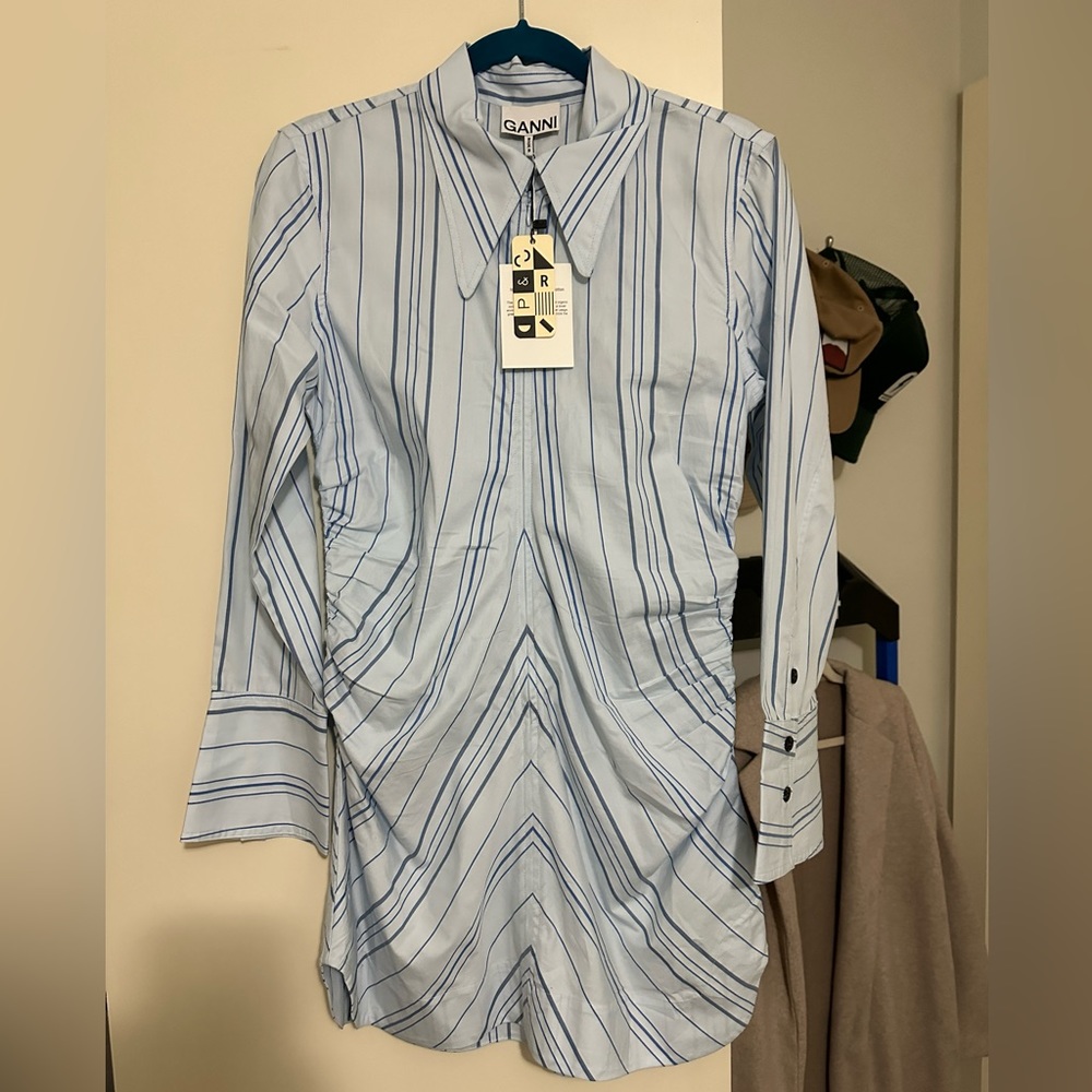 GANNI Striped Twill Fitted Zip-Front Tunic Dress - Picture 7 of 9